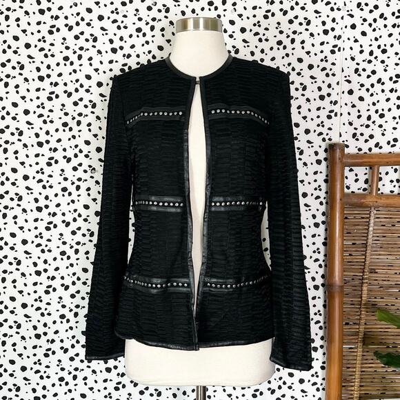 NEW Ming Wang | Black Knit Faux Leather Trim Stud Long Sleeve Cardigan Jacket XS - Picture 2 of 11